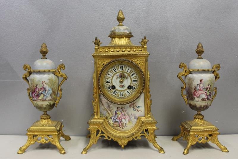 French Dore Bronze And Porcelain Clock Garniture (1 of 9)