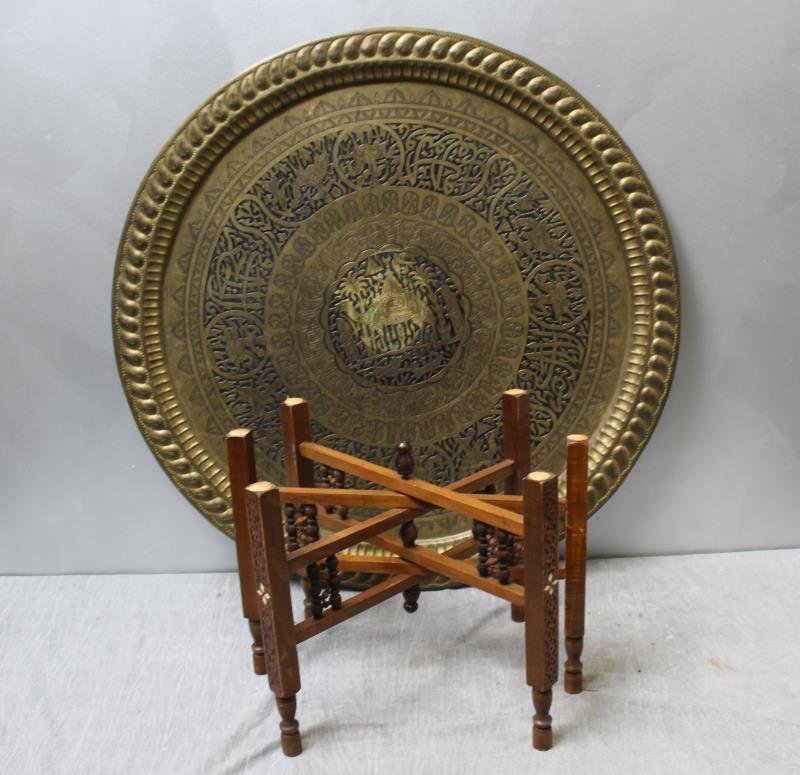Antique Persian Engraved Brass Tray on Stand (1 of 5)