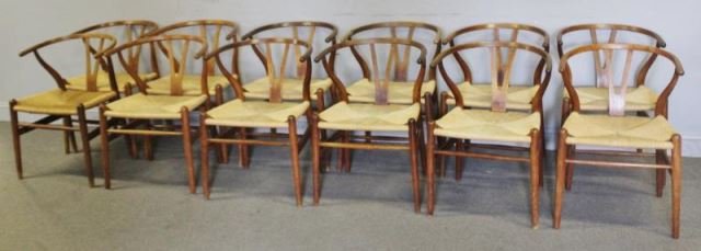 Set of 12 Midcentury Hans Wegner Wishbone Chairs. (1 of 10)