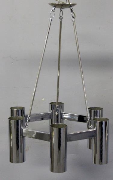 Midcentury Robert Sonneman Chrome Chandelier.: Sockets to each cylinder on upper and lower openings. Unmarked. From a Brooklyn, NY estate. Dimensions: 21.5" diameter x 31" h. Condition: Good.