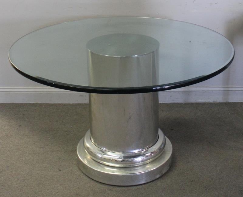 Midcentury Chrome Pedestal Table with Glass Top.: From a Larchmont, NY estate. Dimensions: 48" diameter x 29.5" h. Condition: Good.
