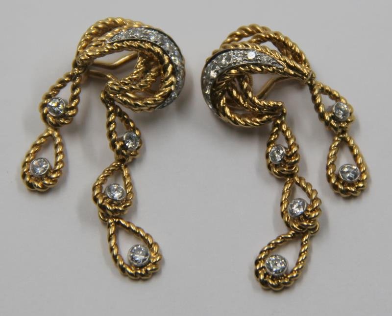 JEWELRY. 18kt Gold, and Diamond Drop Earrings. (1 of 3)
