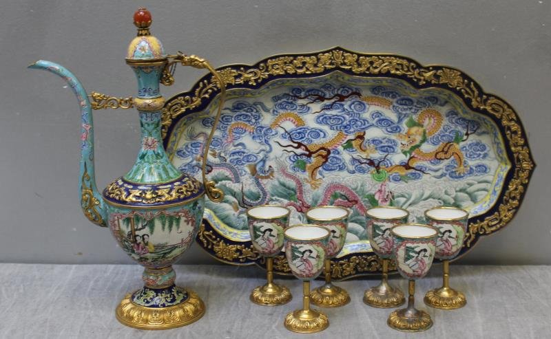 Vintage Chinese Gilt Metal Enameled Tray, Cups & (1 of 10)