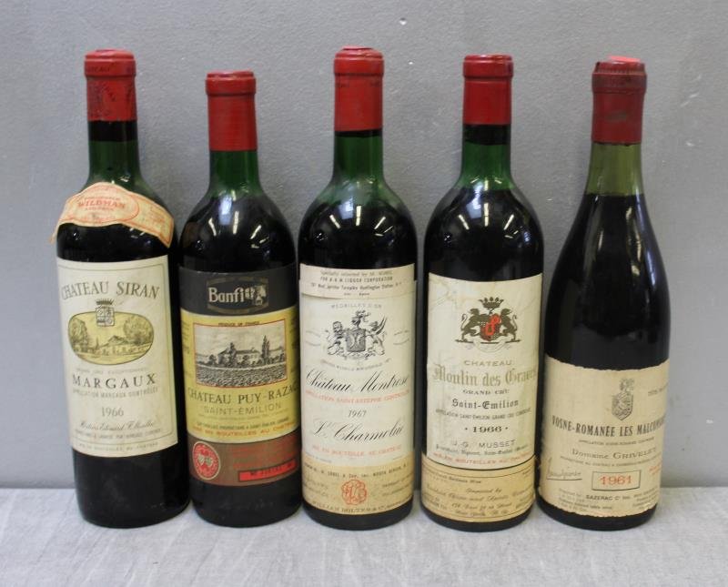 Mixed Lot 5 Bottles French Wine 1960's-1970's.: Mixed Lot of 5 bottles - Vosne-Romanne Les Malconsorts 1961, Chateau Siran Margaux 1966, Chateay Moulin Des Graves 1966. From a Long Island New York Estate. Chateau Puy-Razac 1970 High Shoulder Top Sh