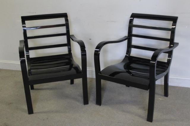 Pair Of Art Deco Style Lacquered Arm Chairs: From a Stamford CT estate . Dimensions: 34"Hx26"Dx25"W Condition: good