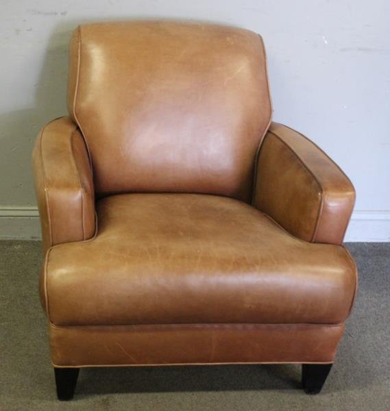 French Art Deco Style Leather Club Chair.: From a Stamford, CT estate. Dimensions: 26" D x 25" W x 34" H. Condition: color difference from bottom to top at back