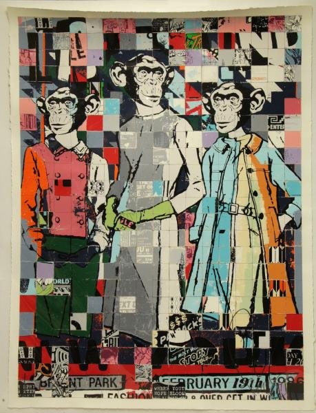 FAILE. Color silkscreen "Fashion Chimps" 2011.: Signed lower right, dated 1986 lower left; inscribed 'AP 2011' and stamped 'Studio Edition' verso. From a Brooklyn, NY home. Dimensions" image - 45.5" high x 34" wide, sheet - 47.5" high x 36" wide. C