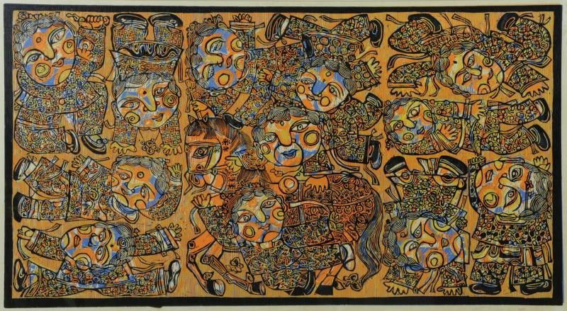WU HAO. Modern Asian Color Woodcut of Figures. (1 of 4)