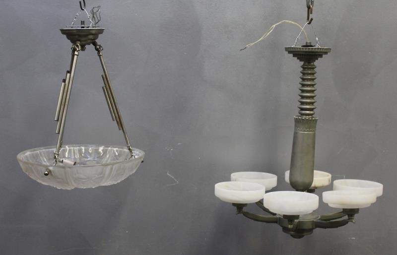 Lot of 2 French Art Deco Chandeliers To Inc A: Nickel plated with Lalique style shade 14"dia x17" h and a nickel plated with 6 alabaster shades, 22" x 20". Condition :good. From a Bedford, NY estate.