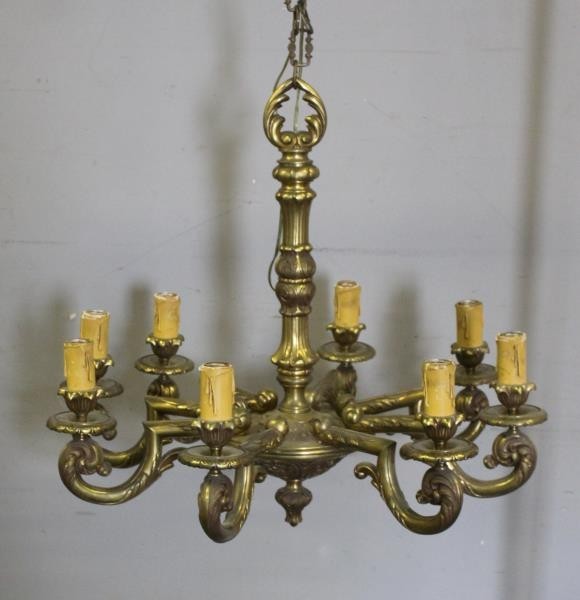 Antique Quality & Heavy Duty Brass Chandelier.: From a Harrison, NY estate. Dimensions: 28.5" w x 27" h. Condition: good.