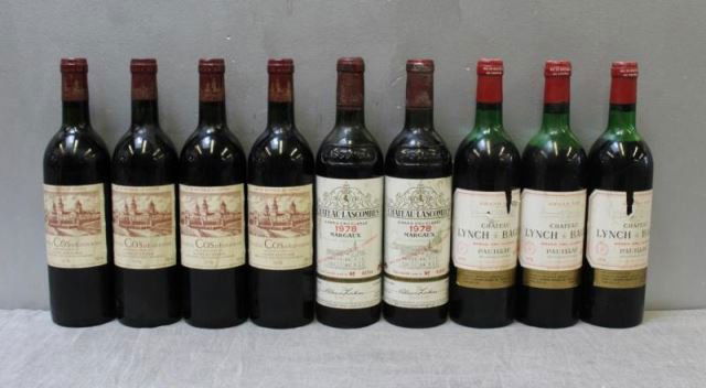 1978 Cos D'Estournel,Lynch&Bage,Lascombes Wine.: Lot of 1978 Wine. 4 Bottles of Chateau Cos D'Estournel into Neck. 3 bottles of Lynch&Bage mid-lower shoulder. 2 Bottles of Chateau Lascombes high shoulder. From an Long Island, New York Estate. Condit