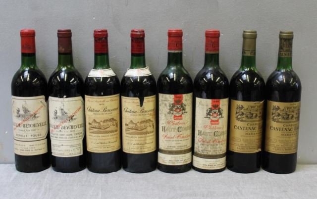 1966-1975 Bouscaut,Beychevelle,Corbin,Brown Wine.: This is a 8 bottle lot of Wine. 2 Chateau Bouscaut 1975 high shoulder. 2 Chateau Cantenac Brown 1975 upper shoulder. 2 Chateau Beychevelle 1967 and 1975 mid-upper shoulder. 2 Chateau Haut Corbin 1966 