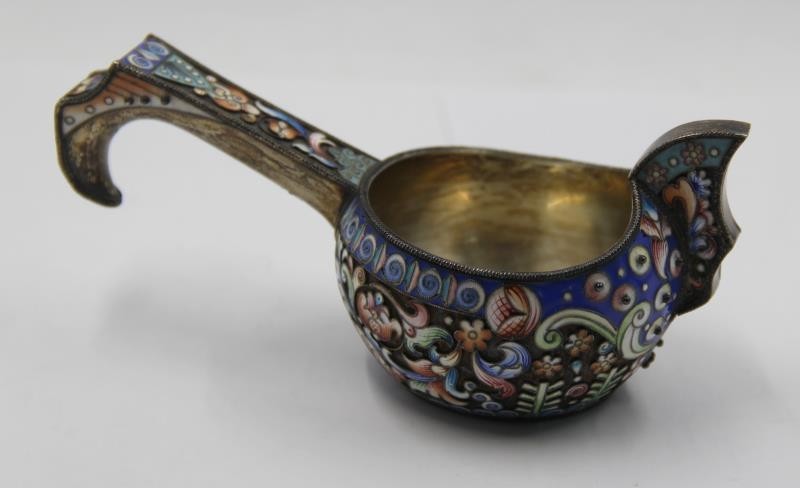 SILVER. Russian Enamel Decorated Kvosh or: Drinking Vessel. Stamped, "84" with the city stamp of St Petersburg. Total approx. weight is 3.9 troy oz. From a Central Park West Manhattan estate. Dimensions: 5.25" w x 2.375" h. Condition: Minor lo