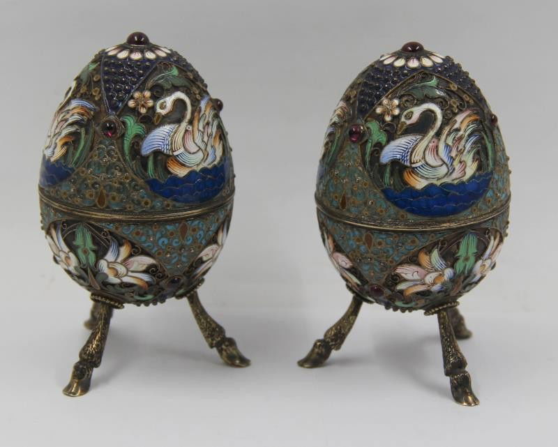 SILVER. Pair of Russian Silver Enameled Easter Eggs. (1 of 8)