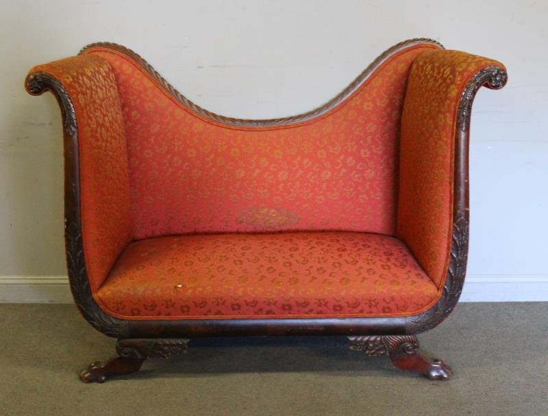 Antique High Back Mahogany Scroll Arm Settee. (1 of 7)