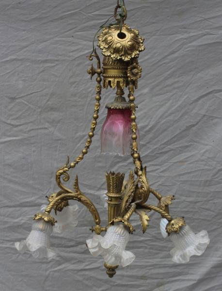 French Bronze Chandelier with Art Glass Shades (1 of 6)