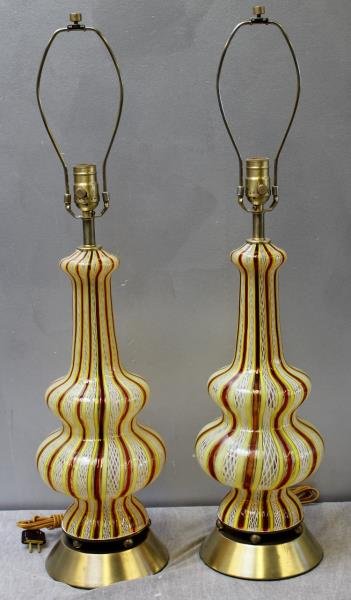 Pair of Dino Martens / Striped Murano Glass Lamps.: From a Manhattan, NY estate. Dimensions: 7.5" diameter x 16" h glass only. Condition: Some firing imperfections.