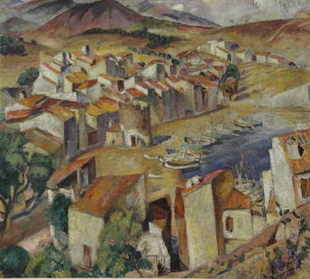 MUTER, Mela. Oil on Canvas. Provencal Village: Landscape. Signed upper right. Mela Muter (Polish-French, 1876 - 1967). From a Rye, NY estate. Dimensions: 31.75" high x 35.75" wide. Condition: Craquelure, one small loss lower center in heavily appl