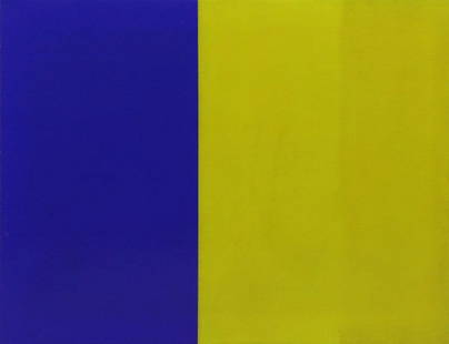 KUWAYAMA, Tadaaki. Oil on Canvas. Blue / Yellow.: SIgned veros. Tadaaki Kuwayama (American / Japanese, b.1932). From a Brooklyn, NY home. Dimensions: 19.75" high x 25.75" wide. Condition: Scattered areas of craquelure.