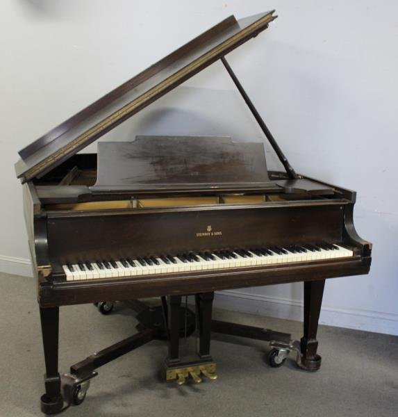 Steinway & Sons Model M Baby Grand Piano, Serial #: The consignors played this piano and liked the sound,(mahogany case). From a Rye, NY estate. Condition: sound board good, veneer losses to case, scuffs , scratches and faded .