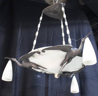 Magnificent Art Deco Patinated Steel & Alabaster: Chandelier With Figural Birds . Signed Albert Cheuret . Signed on the maquette .We just to day Tuesday 22 saw the signature . The birds probably Cranes. From the private collection of actor Bruce Will