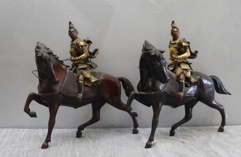 Pair of Signed Japanese Bronze Warriors on Horses. (1 of 10)
