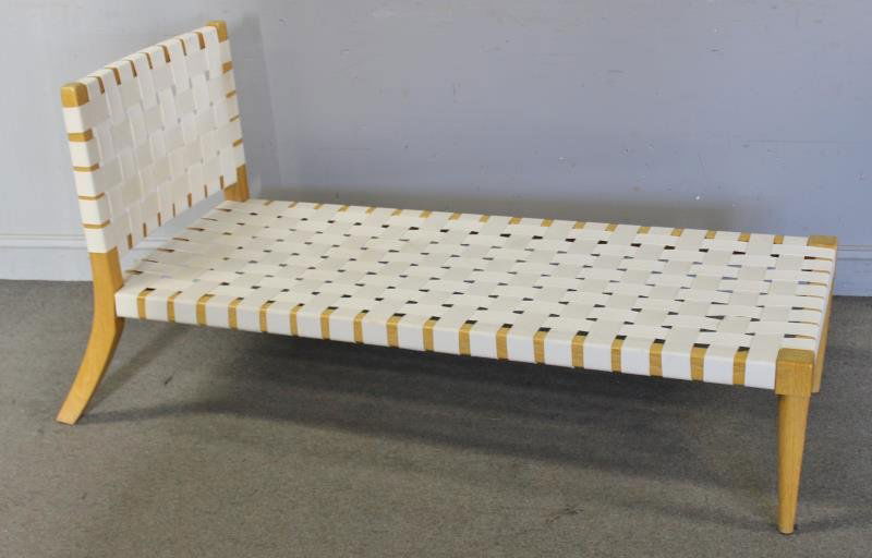 Modern Robsjohn-Gibbings Style Woven Chaise.: Lounge chair with white strap woven seat and back rest. Unmarked. From a Manhattan, NY estate. Condition: Good.