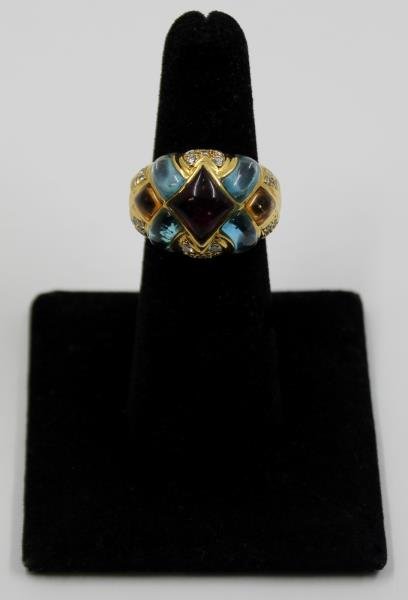 JEWELRY. Signed 18kt Gold, Diamond and Colored: Gem Cabochon Ring. Stamped to the interior of shank, "750", with an unidentified maker's mark of JT. Total approx. weight is 7.9 dwt. Ring size - 6 1/4. From an E 71st Street, Manhattan apt.