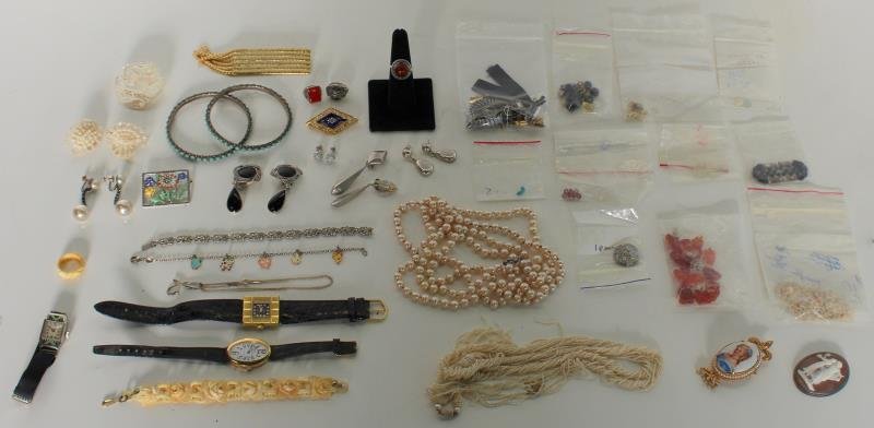 JEWELRY. Assorted Gold, Costume and Silver Jewelry: Includes a Mondaine 17 jewels ladies watch; a pair of Mexican sterling and turquoise bangle bracelets; a sterling, marcasite and enamel decorated floral brooch; a carved cameo of two beauties playing 
