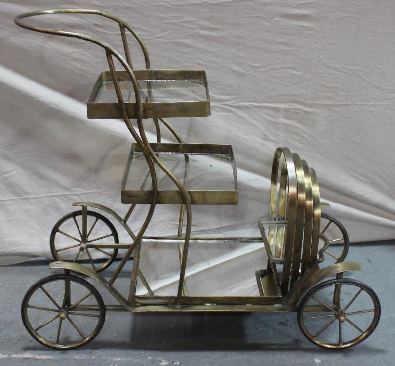 Midcentury Style Contemporary Metal T Cart: With mirror & glass shelves. From a CT home. Dimensions: 38" x 17.5" x 34" h.
