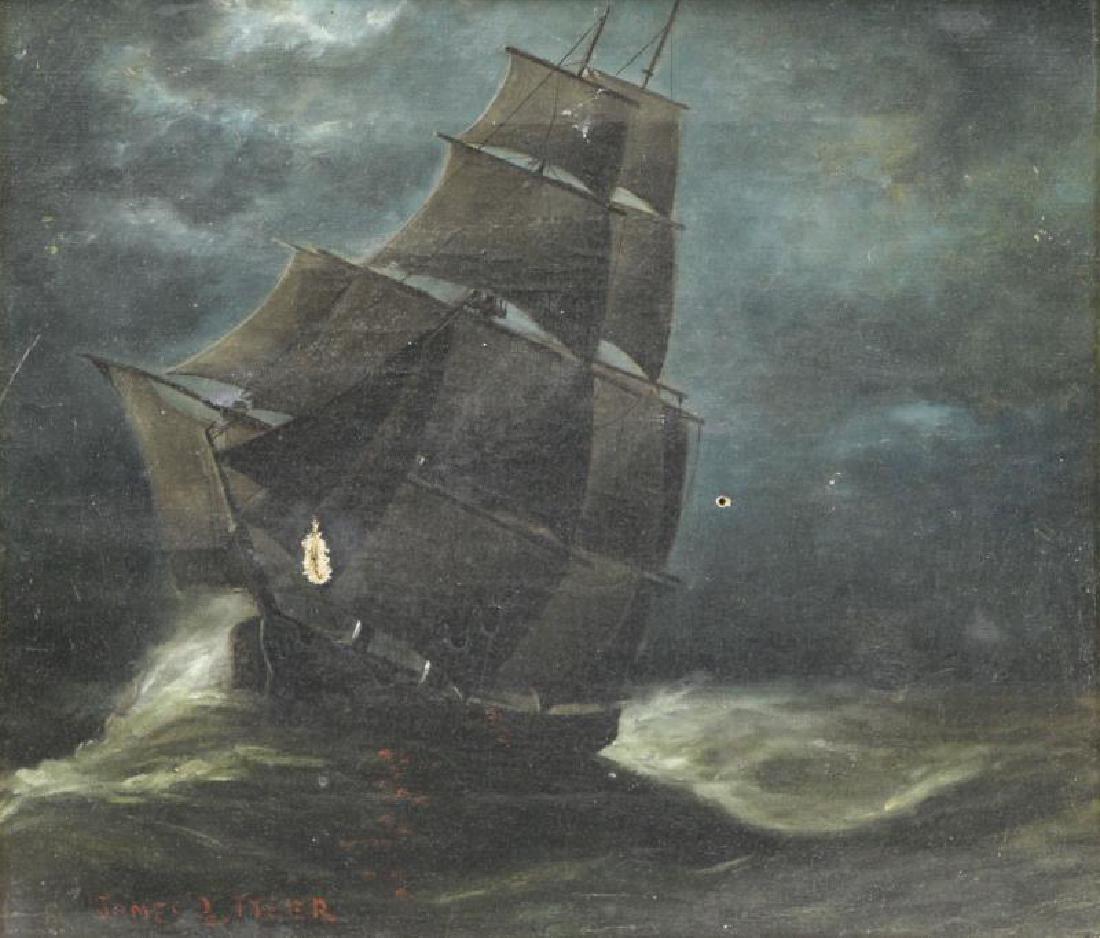 TYLER, James. Oil on Canvas. Ship at Night.: Signed lower left. James Gale Tyler (American, 1855 - 1931). From a New Rochelle, NY home. Dimensions: 11.75" high x 14" wide. Condition: Old lining, stretcher marks, slightly dirty.