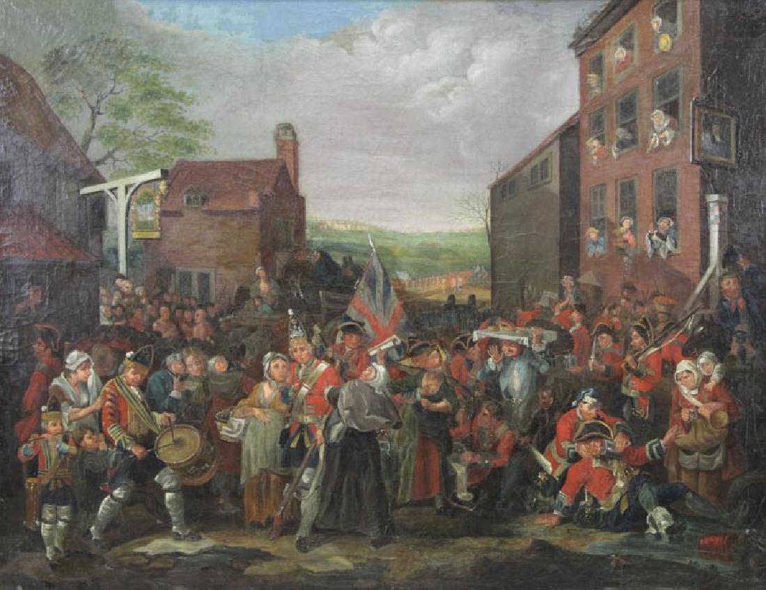 After HOGARTH. Oil on Canvas. "The March of the: Guards to Finchley". Unsigned. a 19th century copy of the original 18th century painting by William Hogarth housed in a Heydenryk frame. From a Long Island, NY estate. Dimensions: 28" high x 36" wide.