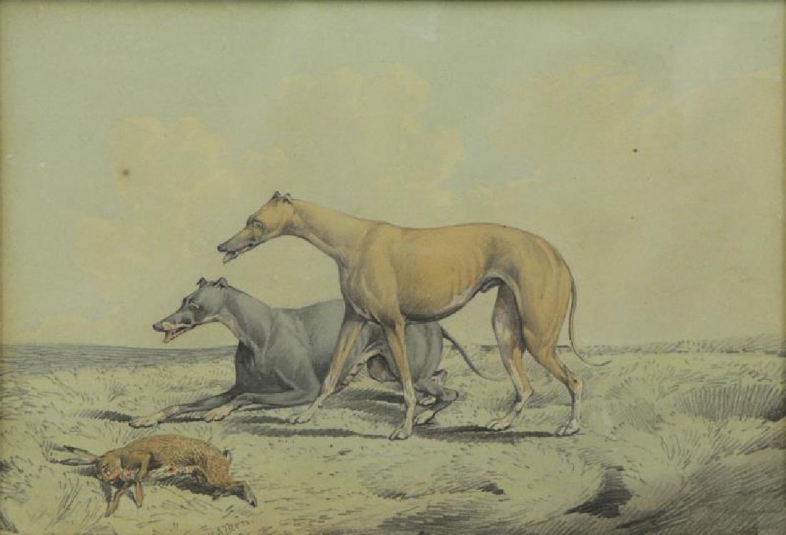 ALKEN, Henry. Watercolor & Pencil on Paper.: Hunting Dogs with Rabbit. Signed lower left. Henry Thomas Alken (English, 1785 - 1851). From the estate of New York gallerist. Dimensions: 7" high x 10.25" wide. Condition: A couple small spots of fox