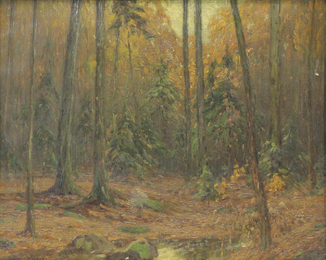 WIEGAND, Gustave. Oil on Canvas. Wooded Landscape: Signed lower left. Gustave Adolph Wiegand (German, 1870 - 1957). From a Flushing, NY home. Dimensions: 16" high x 20" wide. Condition: Toned / darkened varnish, spots of surface soiling, very small lo