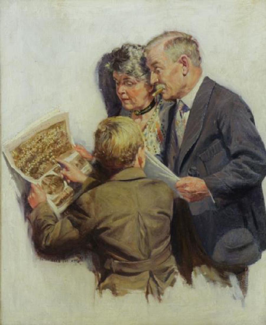 FISCHER, Anton. Oil on Canvas. The Big News, 1917.: Signed and dated lower left. Anton Fischer (American, 1882 - 1962). From a Monsey, NY home. Dimensions: 22" high x 18" wide. Condition: Old repair at left in newspaper with patch verso, craquelure thr