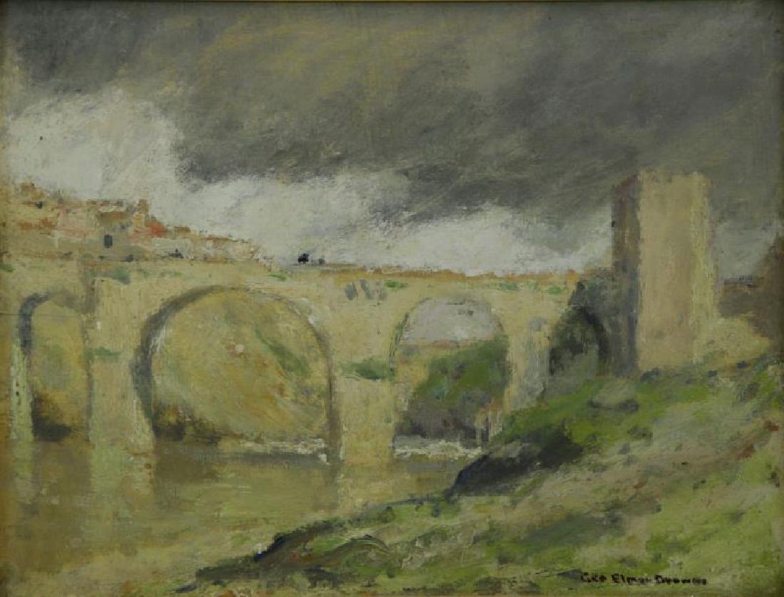 BROWNE, George. Oil on Panel. Roman Aqueducts.: Signed lower right. Artist's estate stamp verso. George Elmer Browne (American, 1871 - 1946). From the estate of New York gallerist. Dimensions: 10.5" high x 13.75" wide. Condition: Crack to panel at 