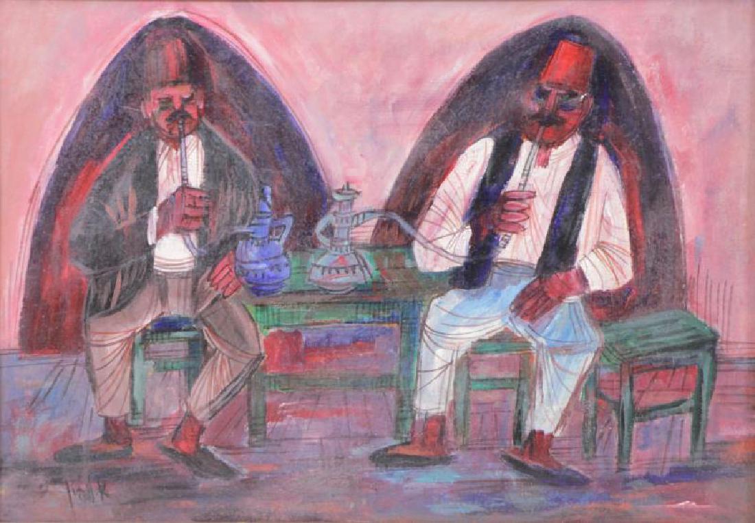 LUBIN, Arieh. Oil on Panel. "Hookah Smokers".: Signed in Hebrew lower left. Arieh (Leo) Lubin (1897 - 1980). From a Long Island NY estate. Dimensions: 14" hihj x 19.5" wide. Condition: Areas of fine craquelure, primarily in white pigment. Light sc