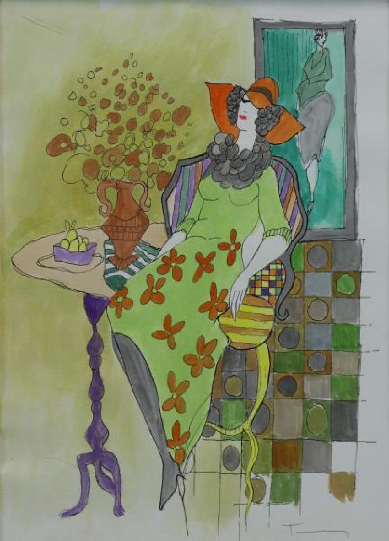 TARKAY, Itzchak. Watercolor. Woman in Interior.: Signed lower right. Itzchak Tarkay (Serbian/Israeli, 1935 - 2012). Dimensions: 15" high x 11" wide. Condition: Generally good, buckling to paper lower left, framed behind glass.