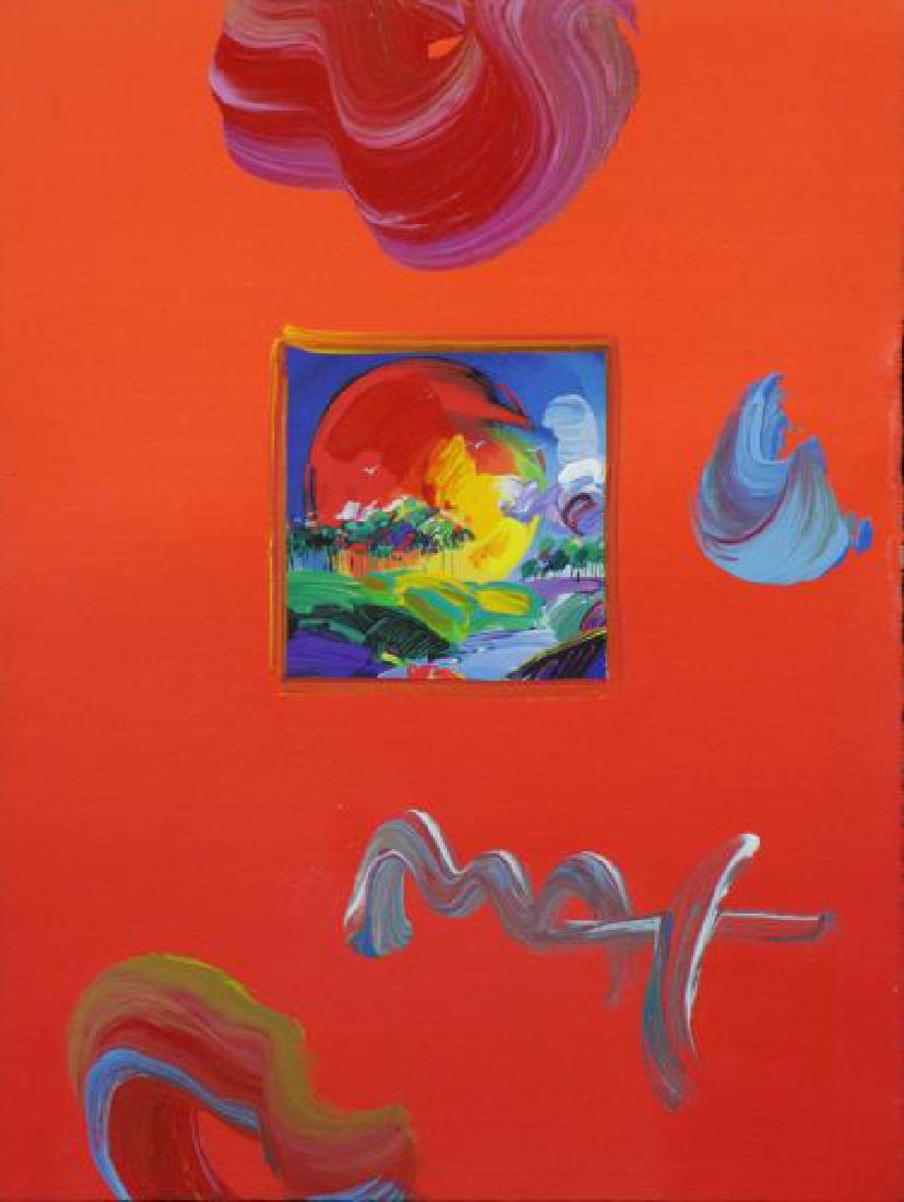 MAX, Peter. Acrylic over Print on Paper. Sunset.: Signed lower right. Peter Max (American, b. 1937). Dimensions: 11" high x 8.5" wide. Condition: Very good, framed behind glass, not examined out of frame.