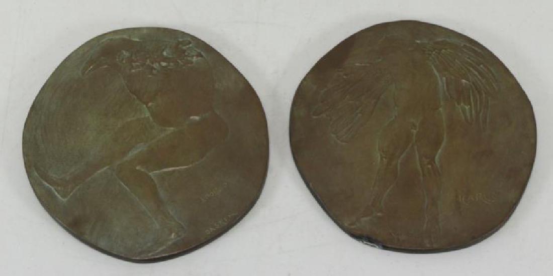 BASKIN, Leonard. Two Bronze Plaques "Apollo" &: "Icarus". Both with incised signature recto, stamped, numbered 83/250 and dated 1969 verso. Leonard Baskin (American, 1922 - 2000). From a Fairfield, CT home. Dimensions: Approx. 6.75" dia each. Condi