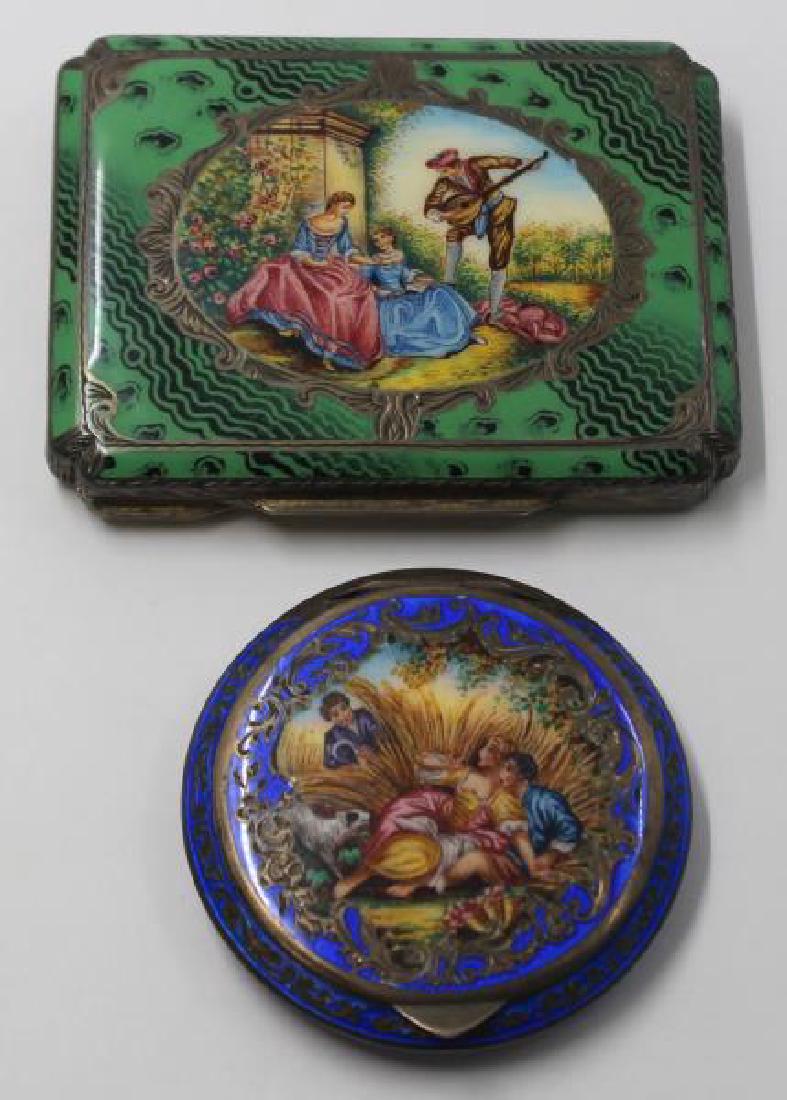 SILVER. 2 Continental Silver and Enamel Decorated: Compacts. Includes an enamel decorated Austrian sterling mirrored compact - stamped to gilt decorated interior, "Sterling, Made in Austria", with additional unidentified stamps. Accompanied by an .800