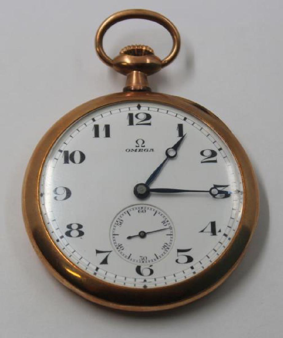 JEWELRY. 14kt Gold Omega Open Face Pocket Watch.: Serial no. 5175493, with an Omega movement, no. 4002423Total approx. weight is 47.6 dwt. From a Larchmont, NY estate. Dimensions: 2" diameter x 2.75" h.