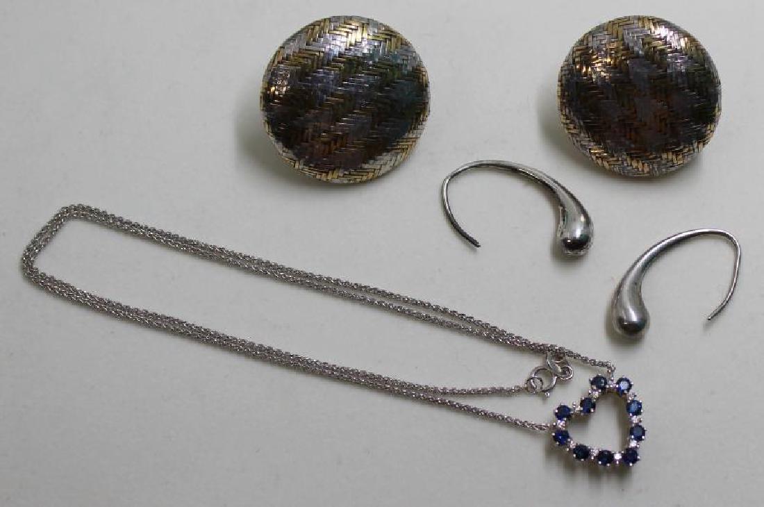 JEWELRY. Grouping of Tiffany Jewelry Inc. Cummings: Includes a pair of Angela Cummings herringbone weave sterling earrings - stamped, "Sterling, Cummings"; a pair of Elsa Peretti for Tiffany & Co. sterling earrings; and an 18kt white gold sapphire and 