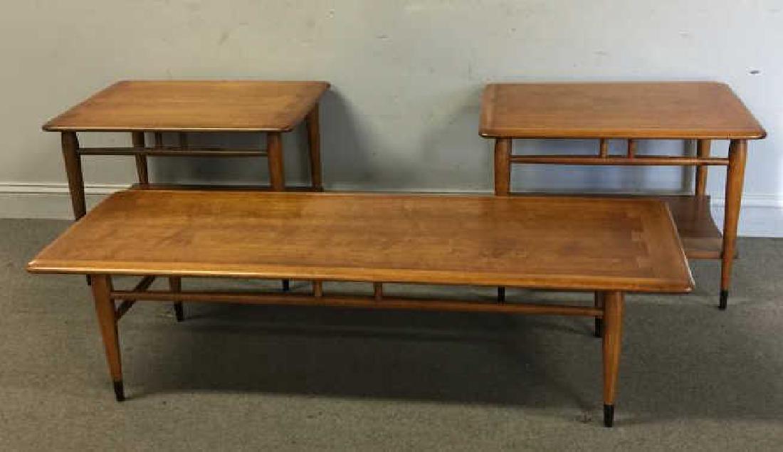 Set of Lane End Tables and Matching Coffee Table.: Set of three Lane, American modern low tables. Branded to underside coffee table. From a Queens, NY estate. Dimensions: 21" w x 28" d x 20" h; 56" w x 19" d x 14" h.