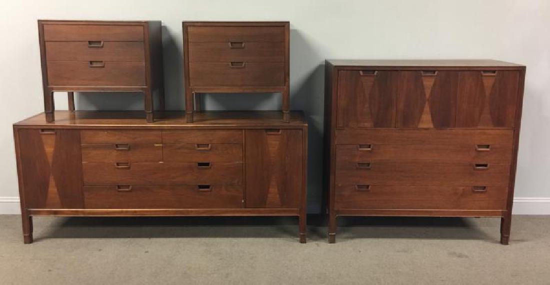 Midcentury John Stuart Janus Bedroom Suite.: Includes (2) dressers and a pair of end tables. From a Larchmont, NY estate. Dimensions: Tall - 46" w x 19" d x 46" h; Long - 72" w x 19" d x 31.5" h; Ends - 26" w x 16" d x 25" h.