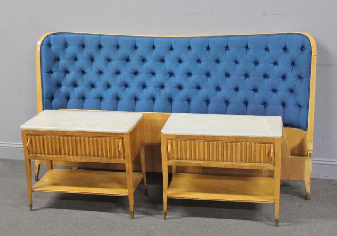 Pair Of Italian? Endtables And A SilkTufted Headboard: From the same bed site as lot# 351 and 354.Night stands with blonde wood construction and alabaster tops ,brass capped feet and sculpted fronts . Headboard curved and upholstered in royal blue silk up