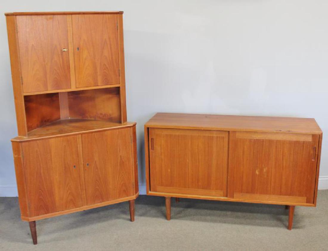 Midcentury Danish Teak Corner Cabinet & Sideboard: Swedish slide front sideboard labeled Wirserums Nya Mobelfabrik, with interior shelves. Corner Cabinet unmarked. Both in teak wood construction. From a Harrison, NY estate. Dimensions: Corner - 36" w 