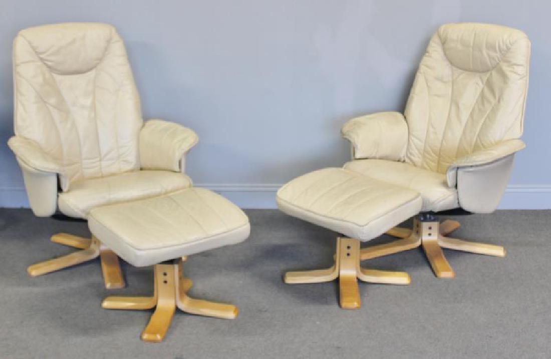 Contemporary Pair of Swedish? Lounge Chairs.: Pair of leather upholstered Swedish lounge chairs / recliners with split bentwood bases and matching ottomans. From a Harrison, NY estate. Dimensions: 32" w x 31" d x 41" h; Ottomans - 21" w x 16" d x