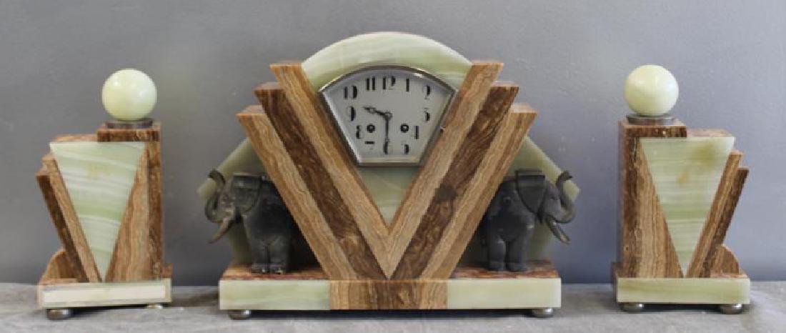 Art Deco Marble Clock Garniture Set .: From a 910 Fifth Ave NYC estate. Dimensions: clock - 17" w x 13" h.