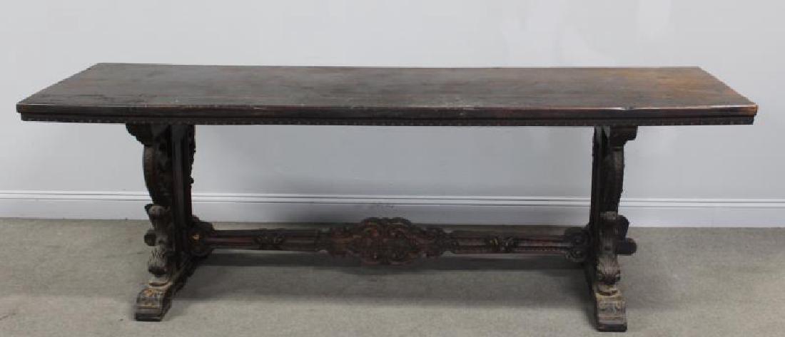 18 Century Finely Carved Italian Trestle Table .: A great size table with carved Dolphins and retaining nice patina . From a Hamptons Bays Long Island estate . - Dimensions: 97"Wx30"Dx32"H